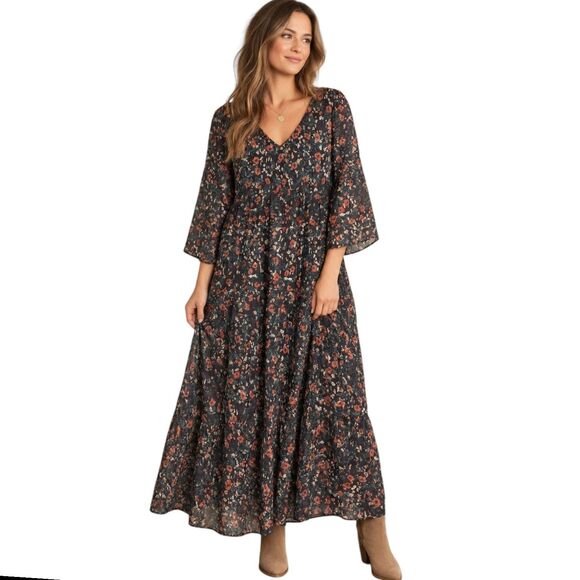 NATURAL LIFE Dresses & Skirts - Natural Life Dark Floral Flowy Tiered Boho Cottagecore Maxi Dress - XL